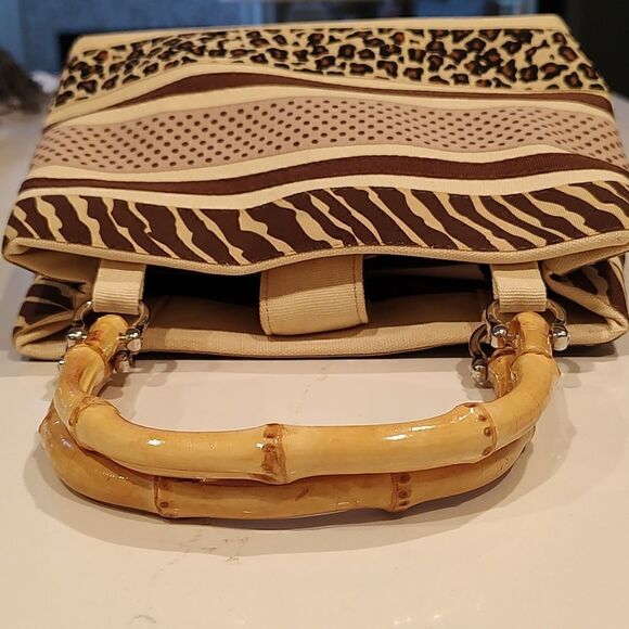 Alexandra Bartlett Bamboo Handle Striped Animal Print Small Tote Hand Bag - Picture 6 of 10